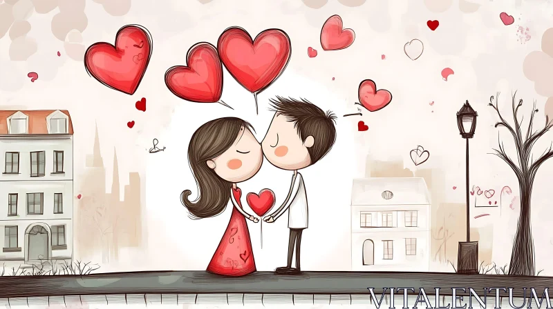 Whimsical Love Scene with Cartoon Characters AI Image