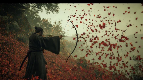 Samurai Archer Amidst Falling Leaves