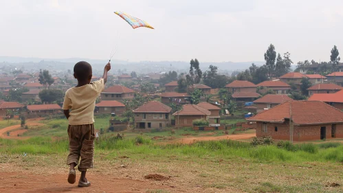 Boy with Kite in Rural Landscape