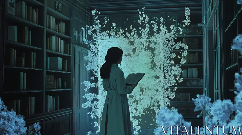 AI ART Woman Reading Amidst Blossoms in Library