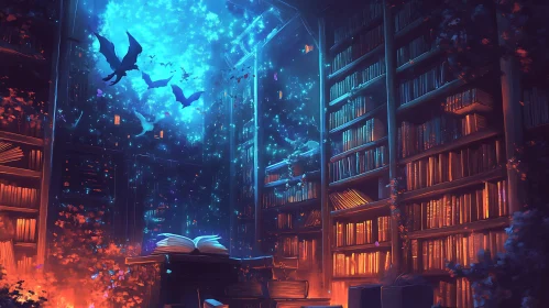 Mystical Library with Glowing Lights Artwork