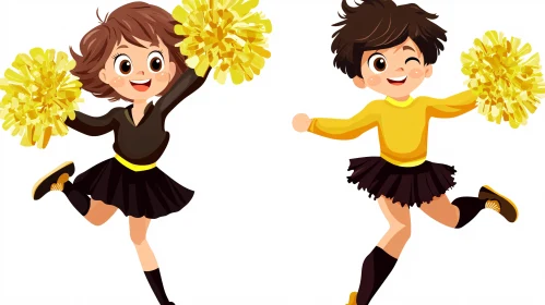 Cartoon Cheerleaders with Yellow Pom-poms