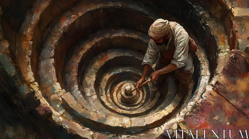 AI ART Crafting Depths: A Man's Labor in a Spiral Well