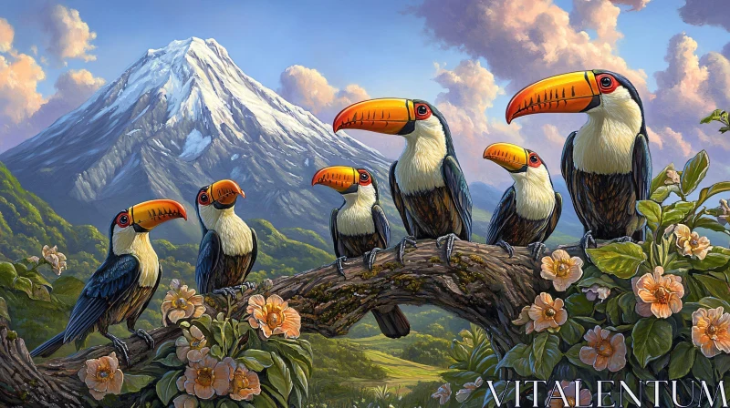 AI ART Birds on Branch with Mountain Backdrop