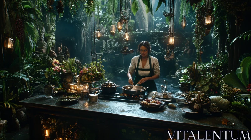 Culinary Alchemist in Verdant Kitchen AI Image