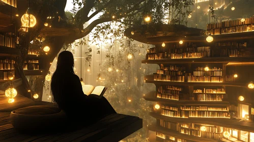 Woman Reading in Illuminated Magical Library