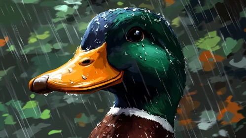 Illustration of Mallard Duck with Rain Drops