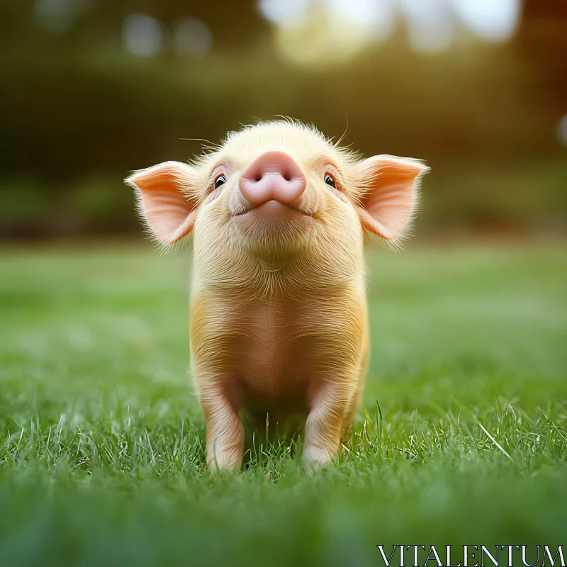 Cute Piglet on Green Grass with Sunlight AI Image