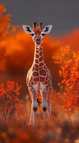 Young Giraffe Amongst Vibrant Autumn Leaves