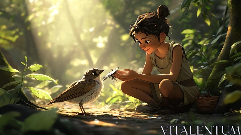 AI ART Forest Scene with Girl and Bird