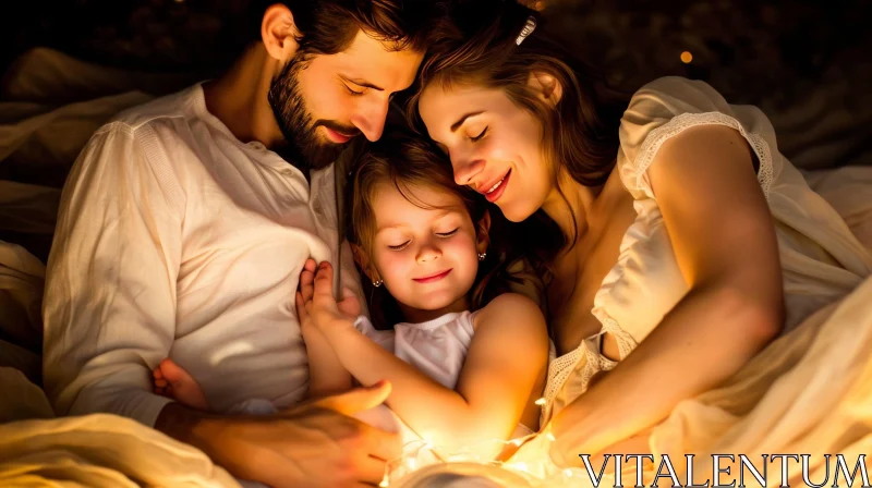 Golden Light: A Blissful Moment of a Young Happy Family under Christmas Lights AI Image