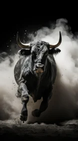 Powerful Image of Black Bull in Motion on a Dark Background