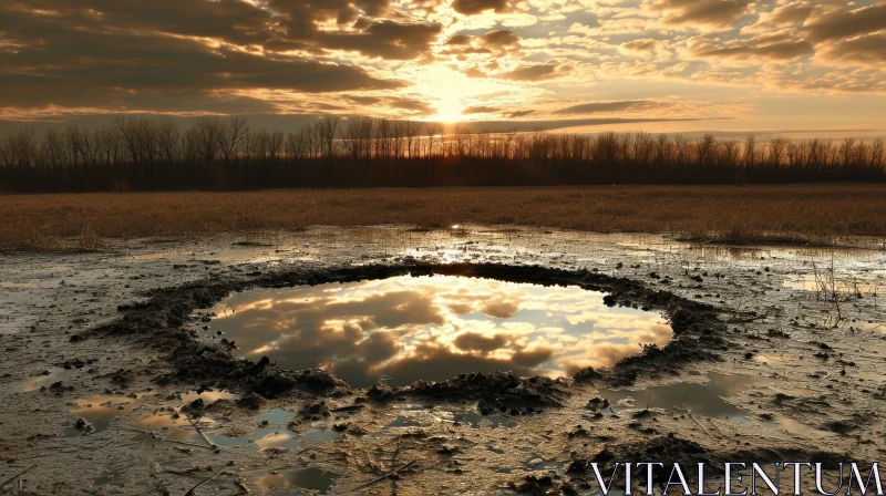 Reflective Puddle in Plowed Field: Captivating Nature Photography AI Image