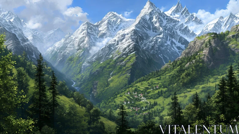 Serene Mountain Landscape with Snow-Covered Peaks and a Quaint Village AI Image