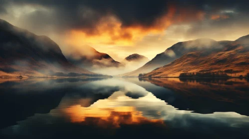 Serene Sunset Over Mountains Reflected in Calm Waters