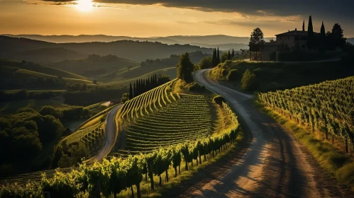 Sunset Over Vineyards in Tuscany - A Romantic Landscape