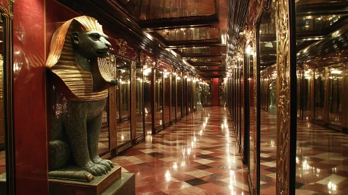 Elegant Corridor with Golden Sphinx and Marble Floor