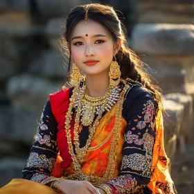 Portrait of a Woman Wearing Gold Jewelry