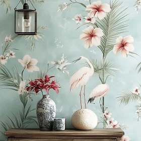 Elegant Home Decor with Tropical Wallpaper and Vases