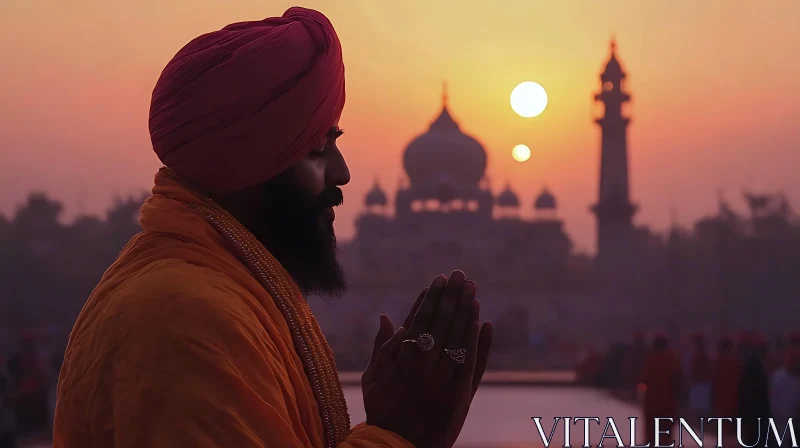 Man in Turban Praying at Dusk AI Image