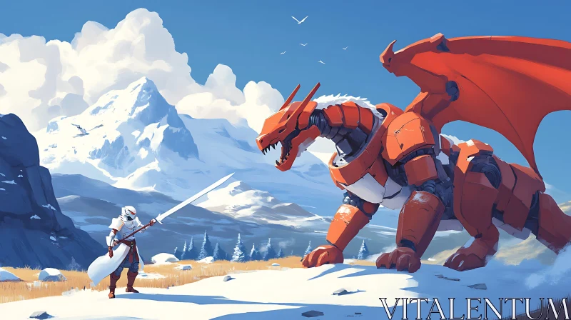 AI ART Warrior vs. Mechanical Dragon on Snowy Peak