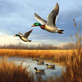 Mallards Over Water Bird Wildlife Art