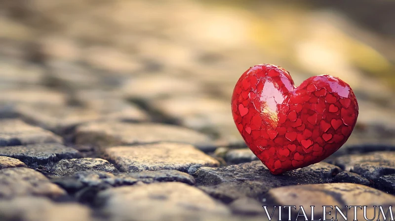 AI ART Red Heart on Stone Pavement