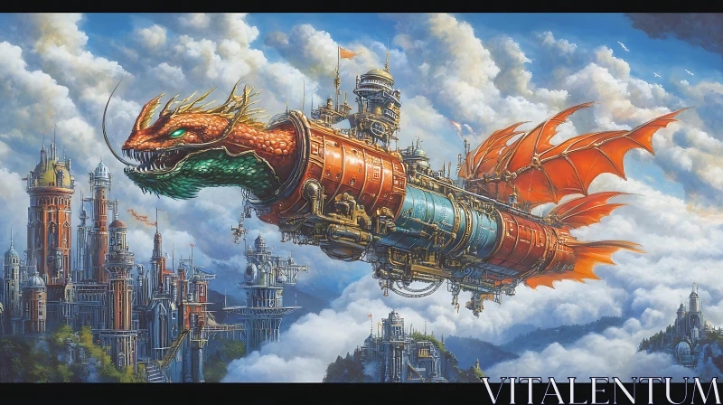 AI ART Mechanical Dragon Soaring Above Metropolis