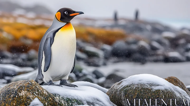 Penguin on a Snowy Rock AI Image