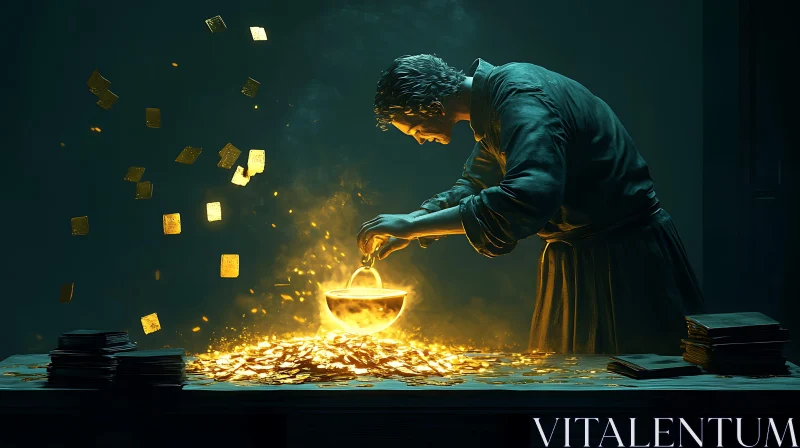 AI ART Figure with Bowl and Golden Squares