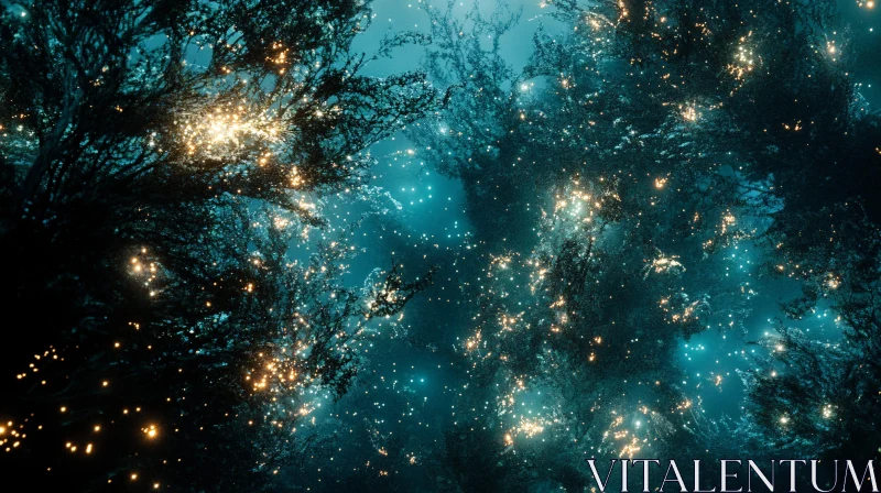 AI ART Teal Night Forest with Glowing Lights