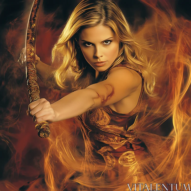 Strong Woman with Sword in Fire AI Image