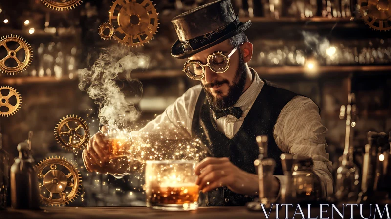 AI ART Man in Steampunk Gear Mixing a Drink