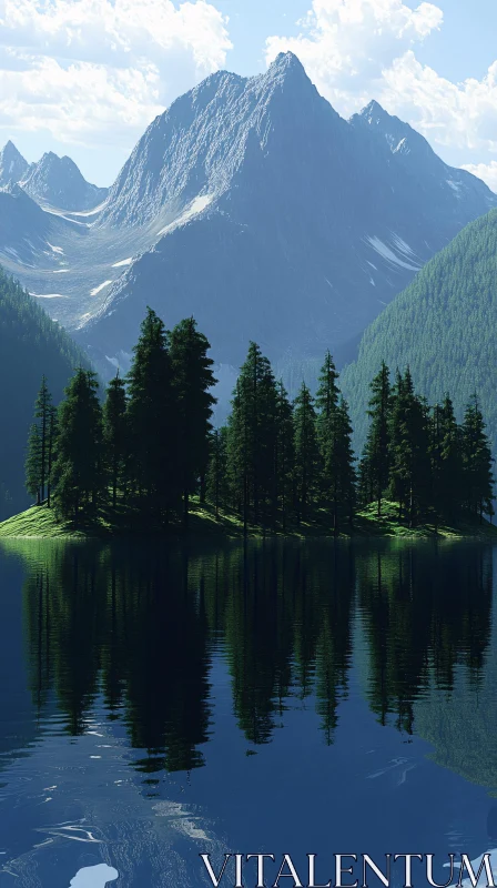 AI ART Peacful Mountain Vista with Lake and Forest Reflections