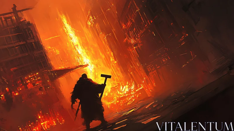 AI ART Man with Hammer in Burning Cityscape