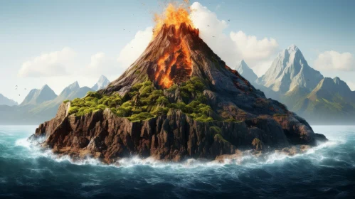 Burning Volcano and Mountains on an Island | Realistic Nature Art