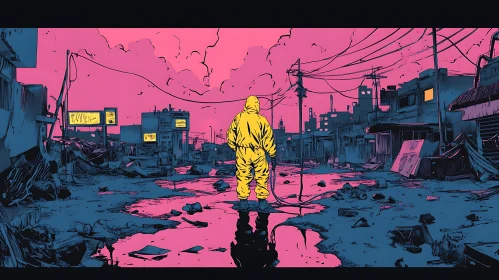 Post-Apocalyptic Scene with Figure in Protective Suit