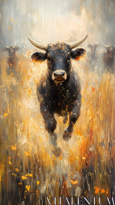 Bull in Motion Amidst Wildflowers AI Image