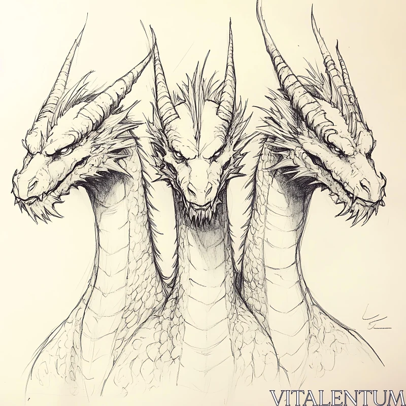 AI ART Monochrome Dragon with Three Heads