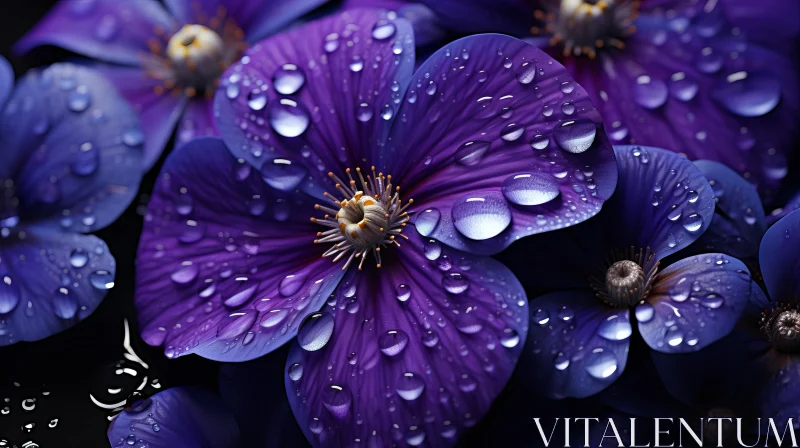 Captivating Purple Flowers with Blue Water Droplets on Black Background AI Image