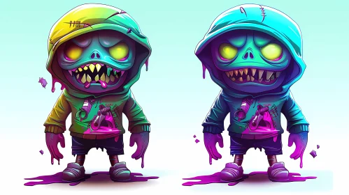 Cartoon Zombies with Tattoos in Hoodies