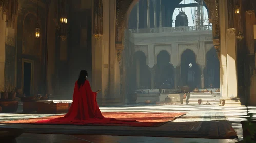 Lady in Red Gown Ornate Interior