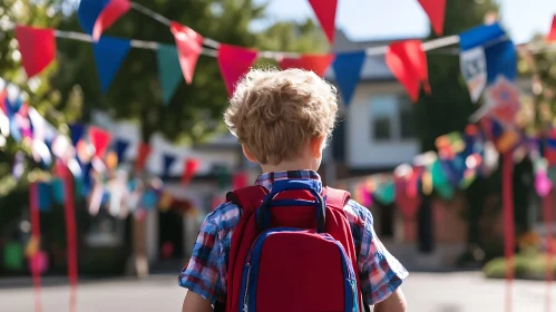 Boy with Backpack on Decorated Street