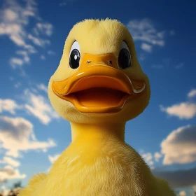 Whimsical Yellow Duck with Cloudy Backdrop
