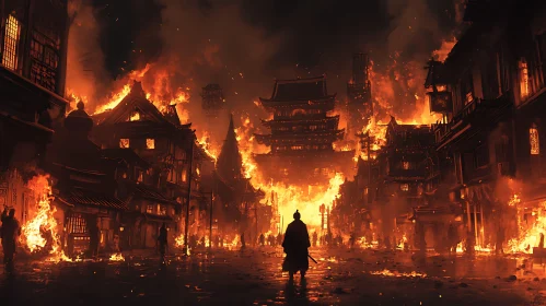 Burning Cityscape with Lone Warrior