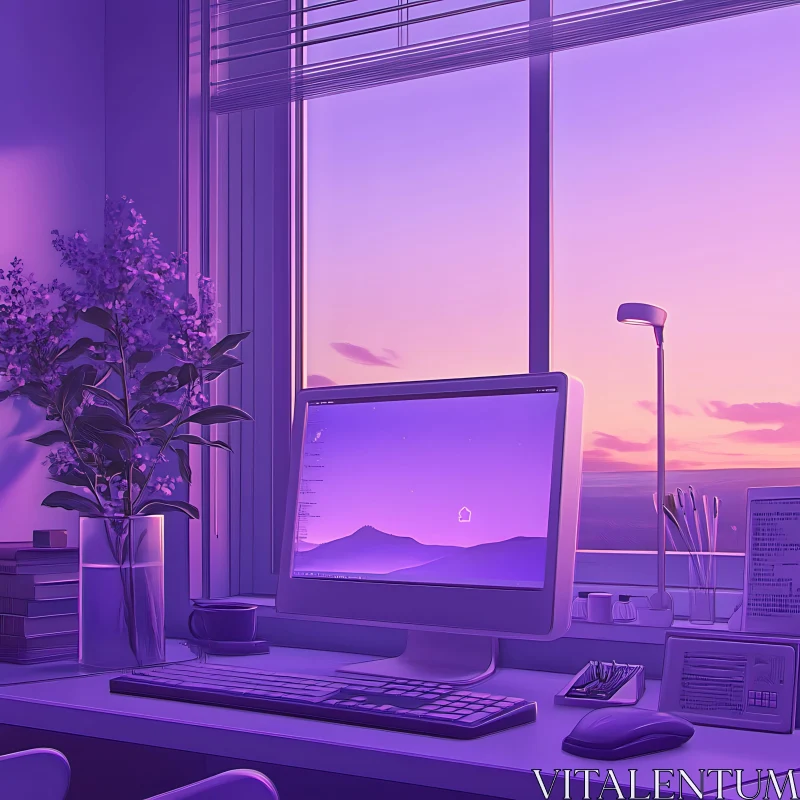 Calm and Productive Desk Setup with Sunset Scenery AI Image