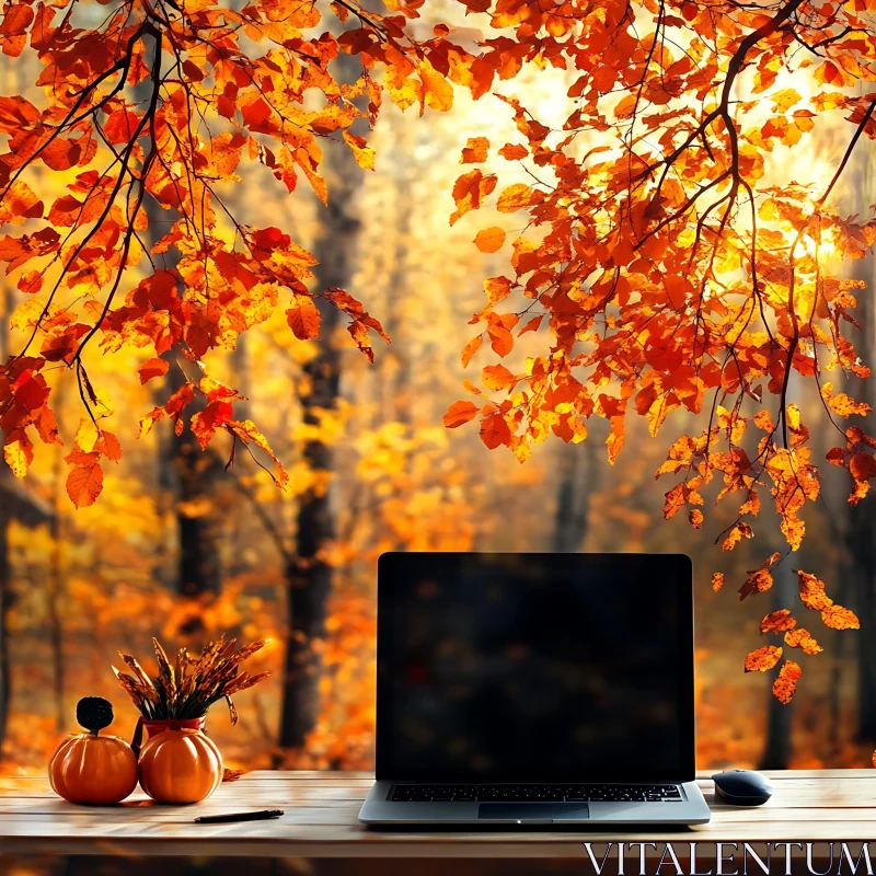 Outdoor Office in Autumn with Laptop AI Image