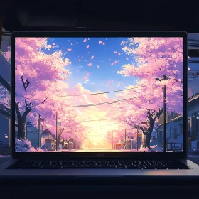 Cherry Blossom Street View on Laptop