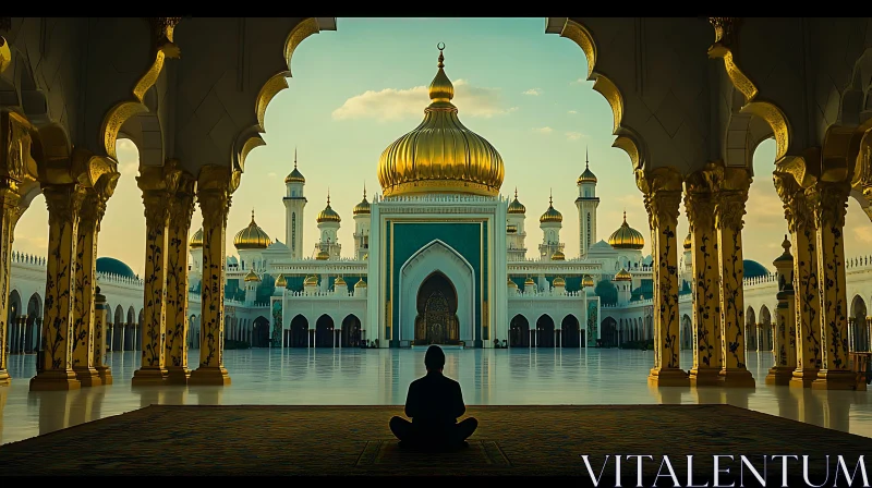 AI ART Tranquil Mosque View with Meditating Figure