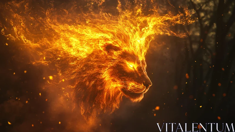 Mythical Fiery Lion Head with Glowing Eyes AI Image